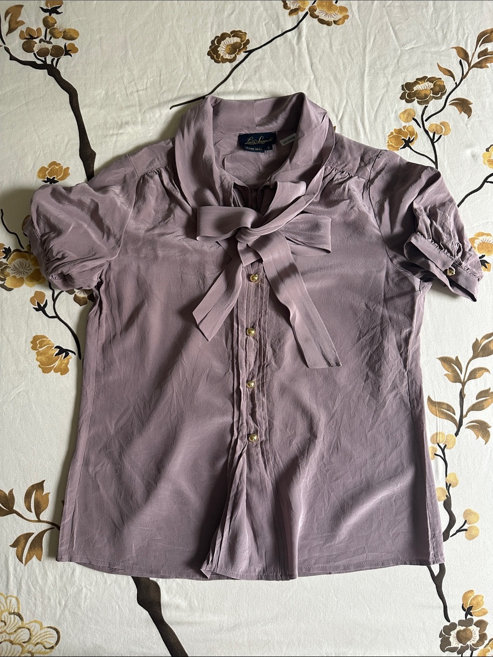 Saint Laurent Mauve Tie-Neck Short Sleeve Blouse
